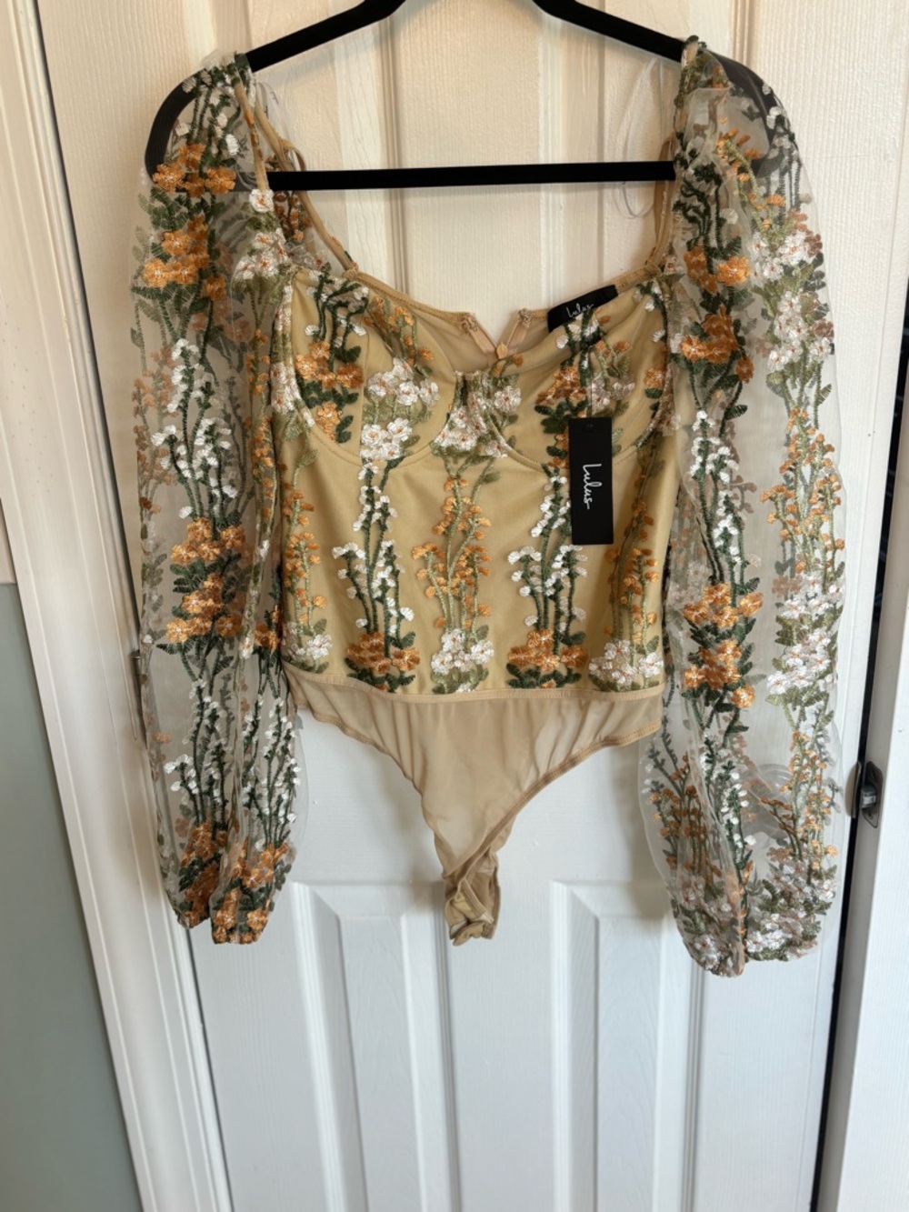 Lulu's Yellow Mustard Floral Mesh Puff-Sleeve Bodysuit